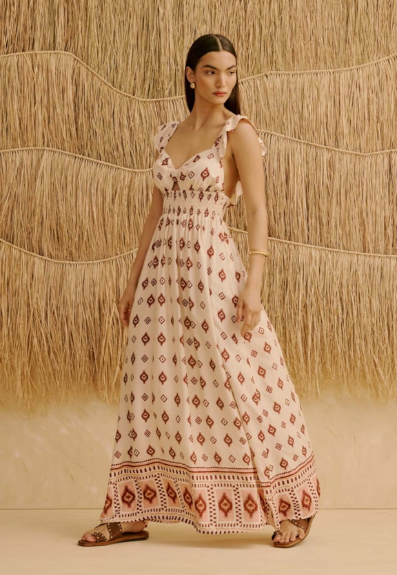 Vestido Longo Manga Babado Estampado Coité Vista Frontal