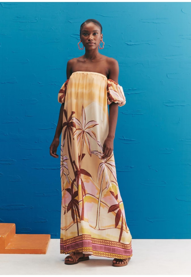 Vestido Longo Manga Balonê Estampado El Coquito