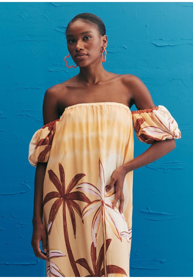 Vestido Longo Manga Balonê Estampado El Coquito