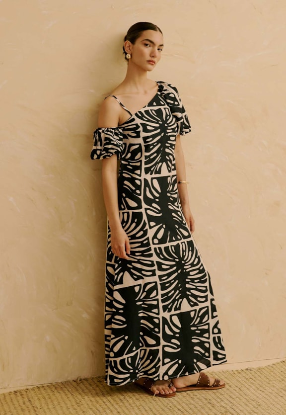 Vestido Longo Manga Balonê Estampado Totora Vista Frontal