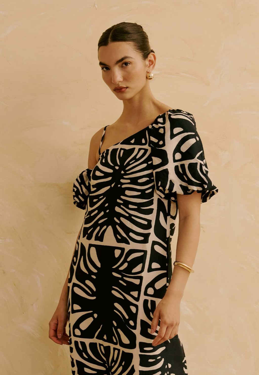 Vestido Longo Manga Balonê Estampado Totora