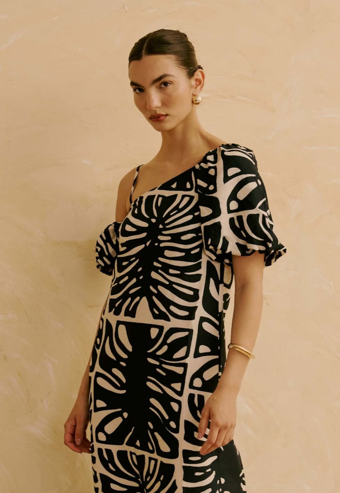 Vestido Longo Manga Balonê Estampado Totora