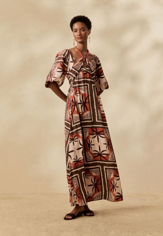 Vestido Longo Manga Bufante Estampado Bruma