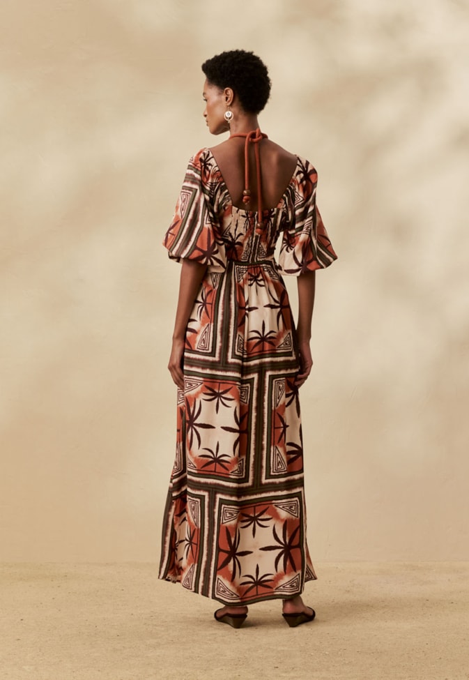 Vestido Longo Manga Bufante Estampado Bruma