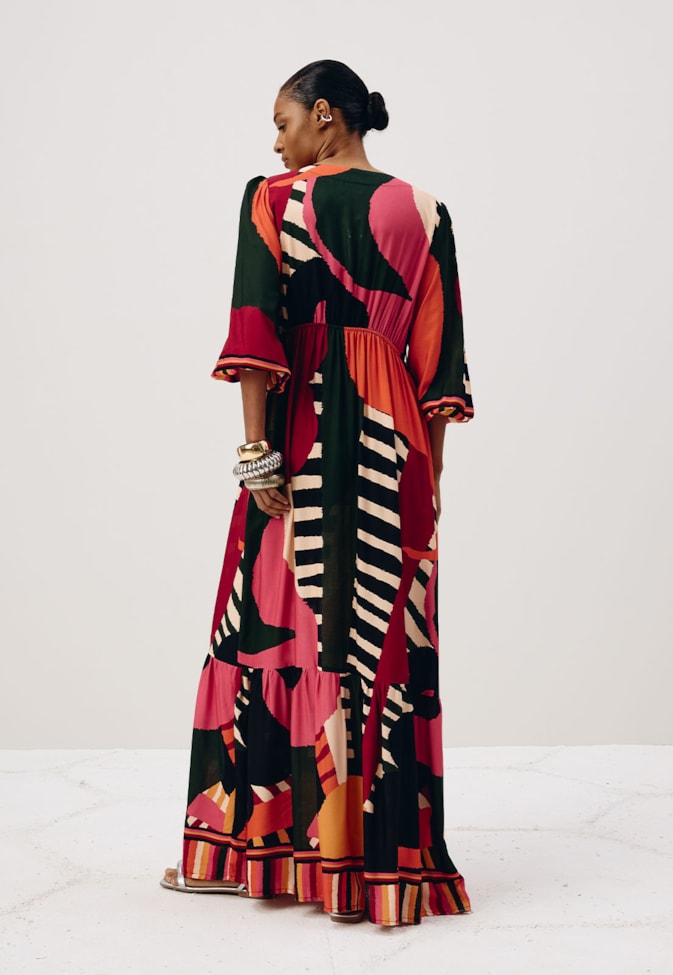 Vestido Longo Manga Bufante Estampado Klim