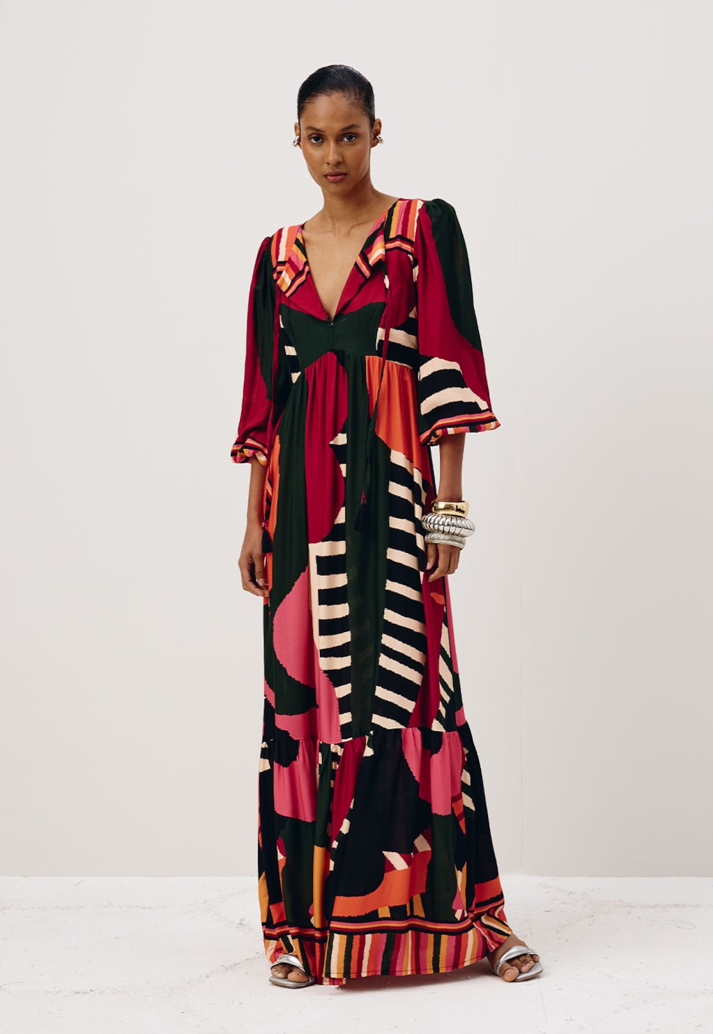 Vestido Longo Manga Bufante Estampado Klim