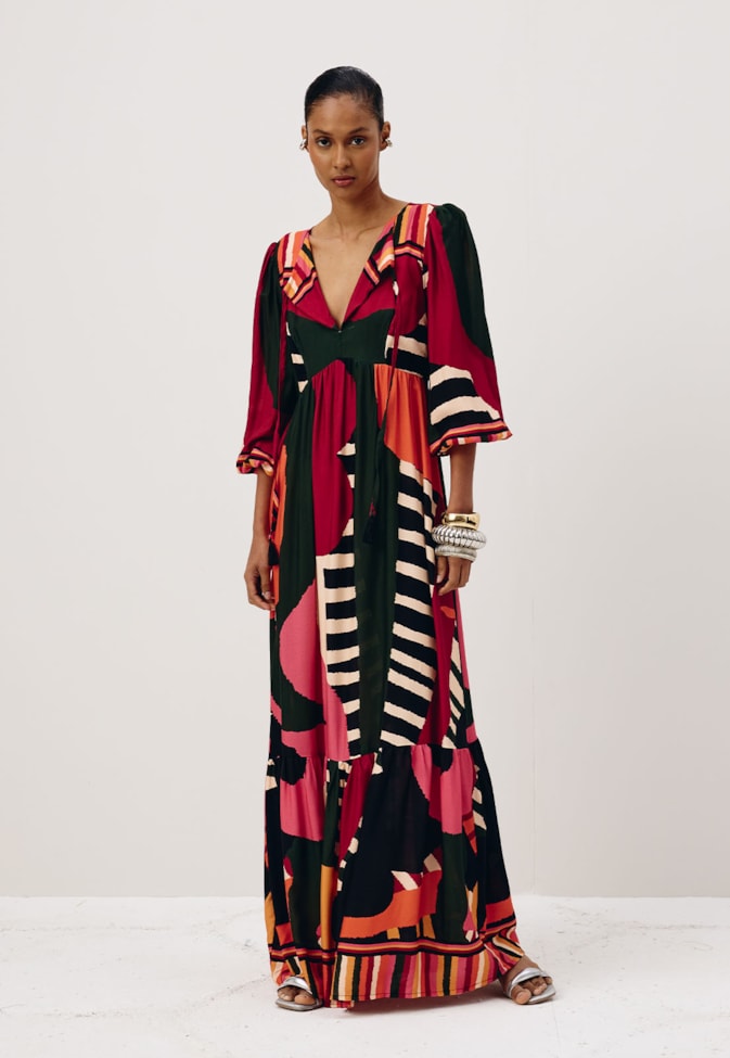 Vestido Longo Manga Bufante Estampado Klim