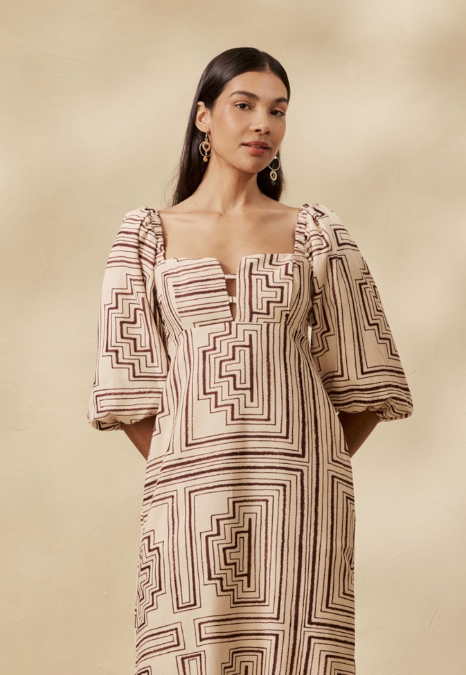 Vestido Longo Manga Bufante Estampado Quipu