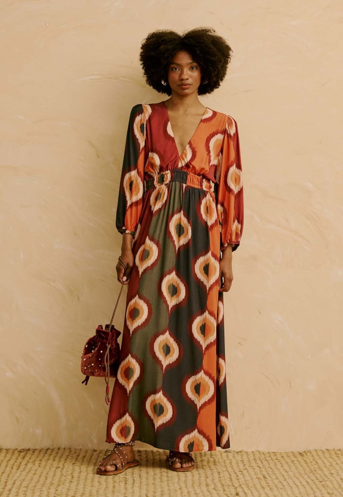 Vestido Longo Manga Bufante Estampado Taquile