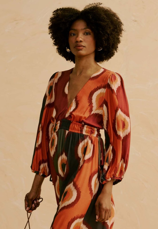 Vestido Longo Manga Bufante Estampado Taquile