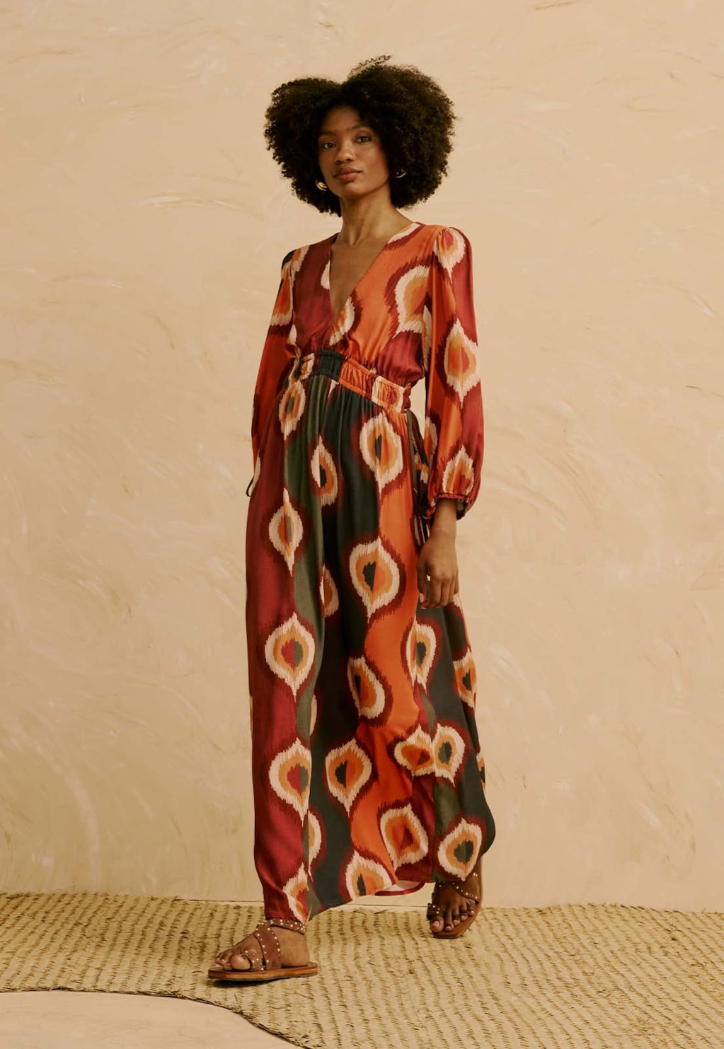 Vestido Longo Manga Bufante Estampado Taquile