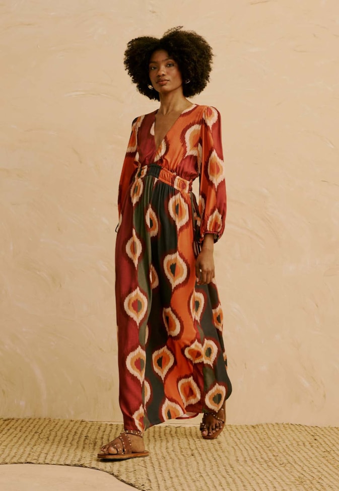 Vestido Longo Manga Bufante Estampado Taquile