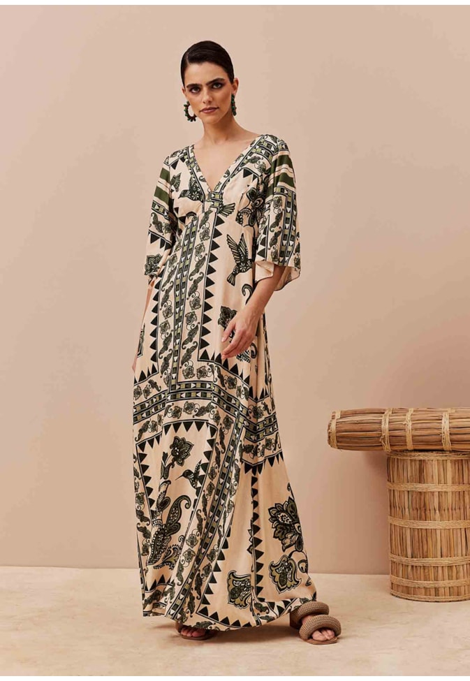 Vestido Longo Manga Kimono Estampado Bodegas