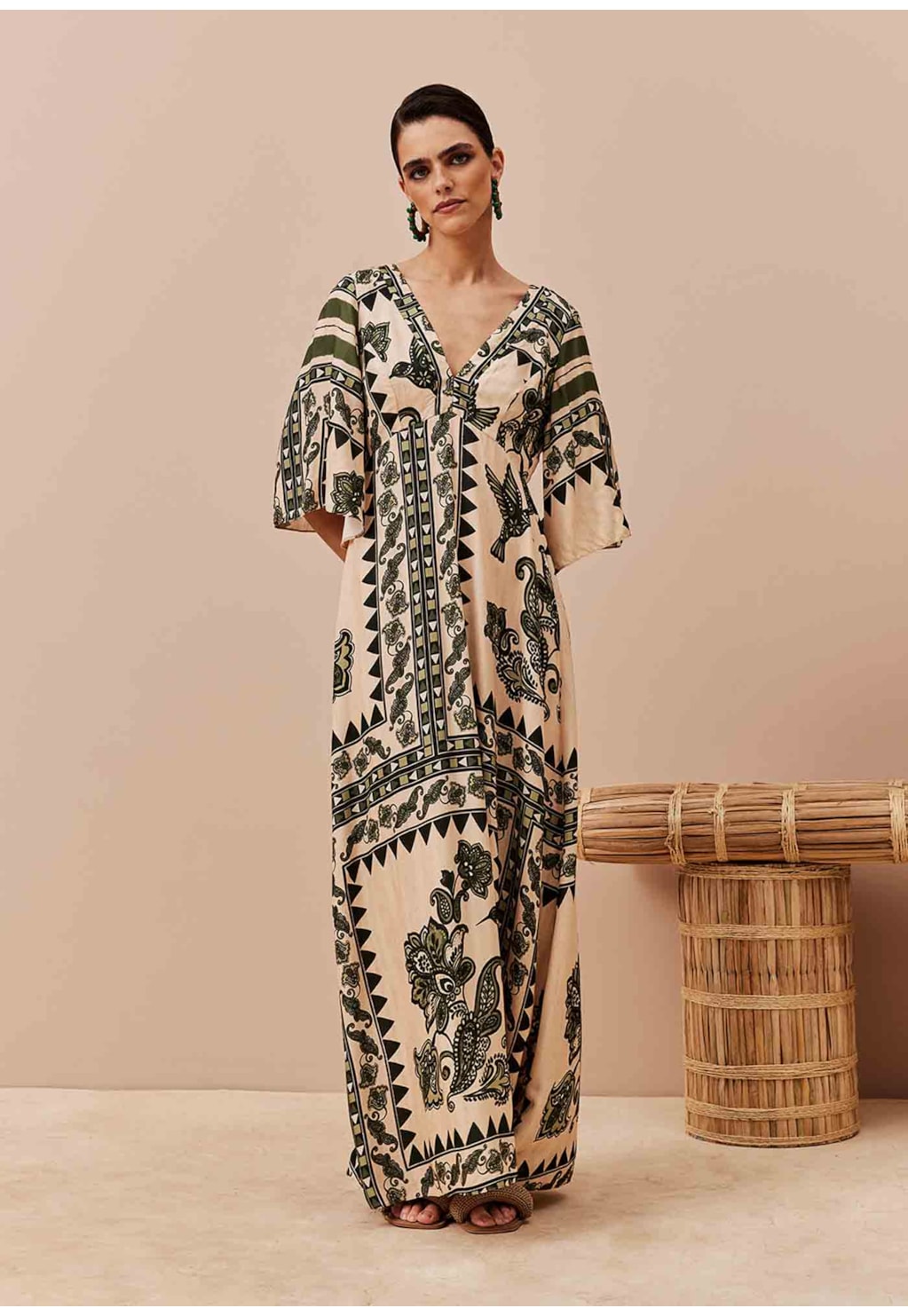 Vestido Longo Manga Kimono Estampado Bodegas