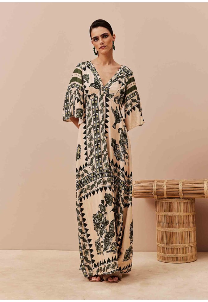 Vestido Longo Manga Kimono Estampado Bodegas