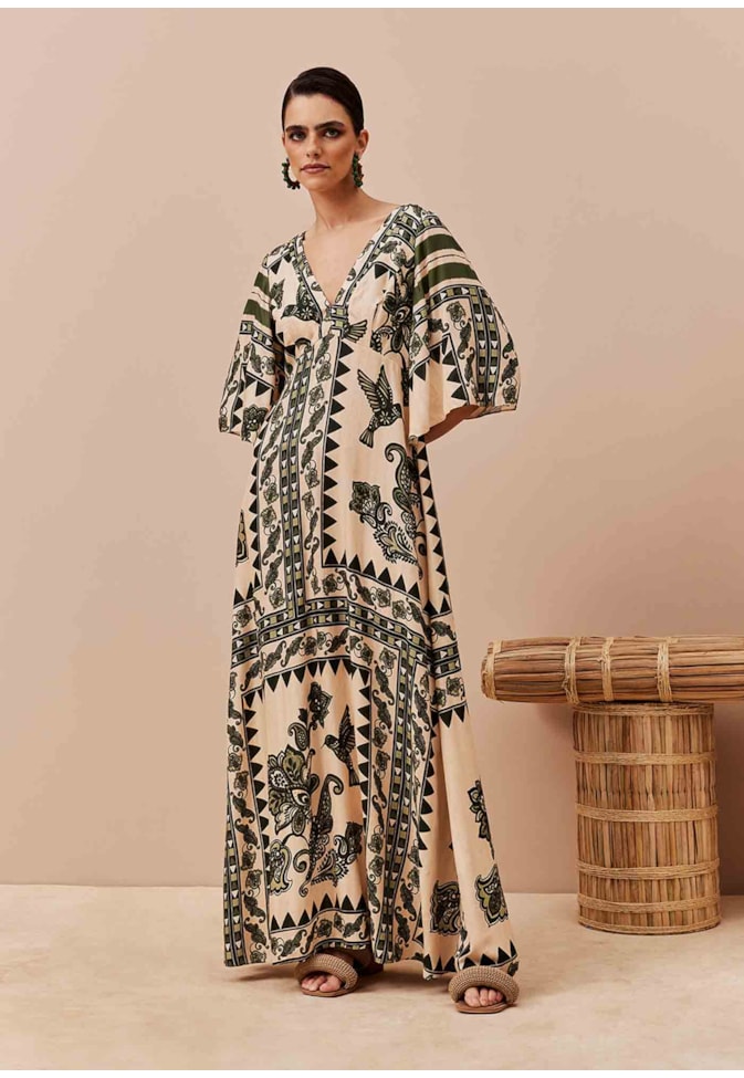 Vestido Longo Manga Kimono Estampado Bodegas