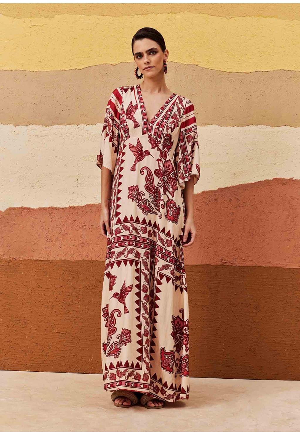 Vestido Longo Manga Kimono Estampado Bodegas