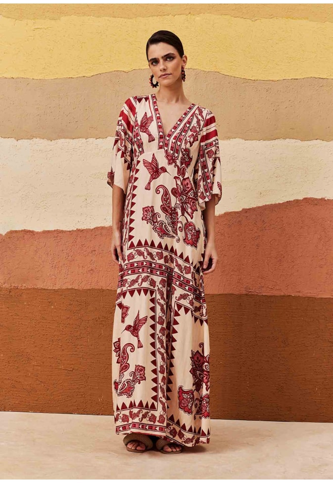 Vestido Longo Manga Kimono Estampado Bodegas