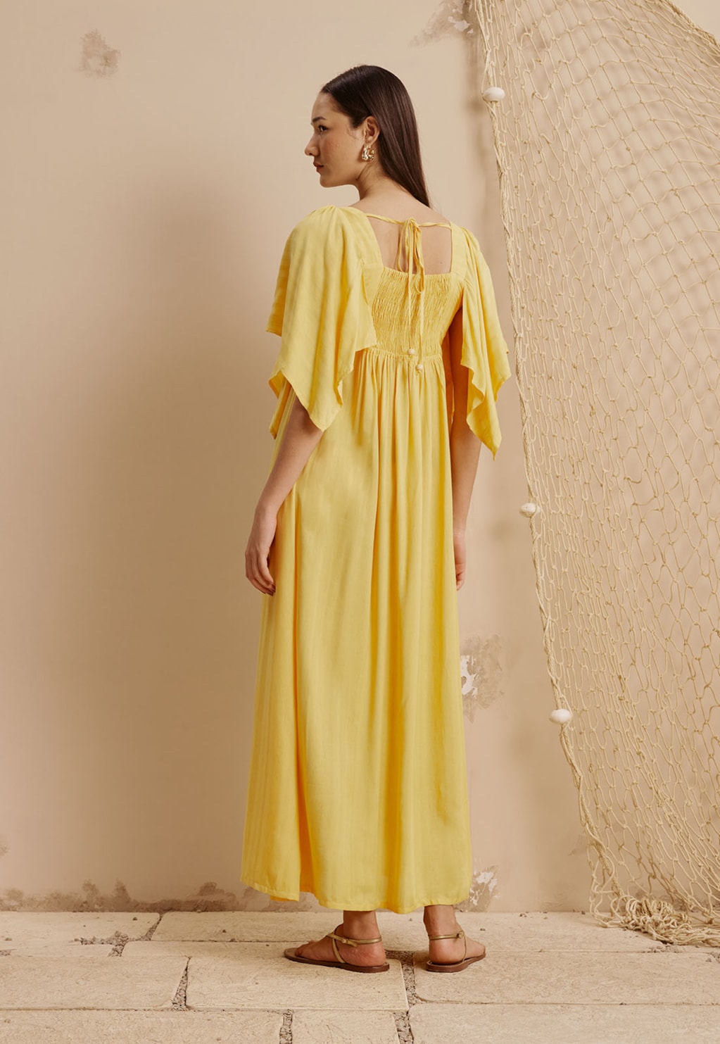 Vestido Longo Manga Lenço Liso