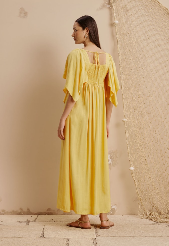 Vestido Longo Manga Lenço Liso