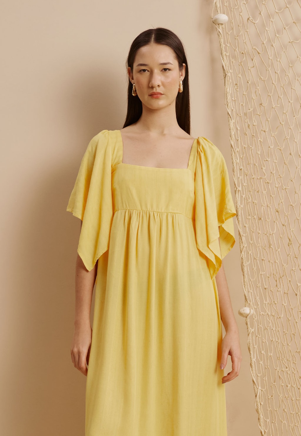 Vestido Longo Manga Lenço Liso