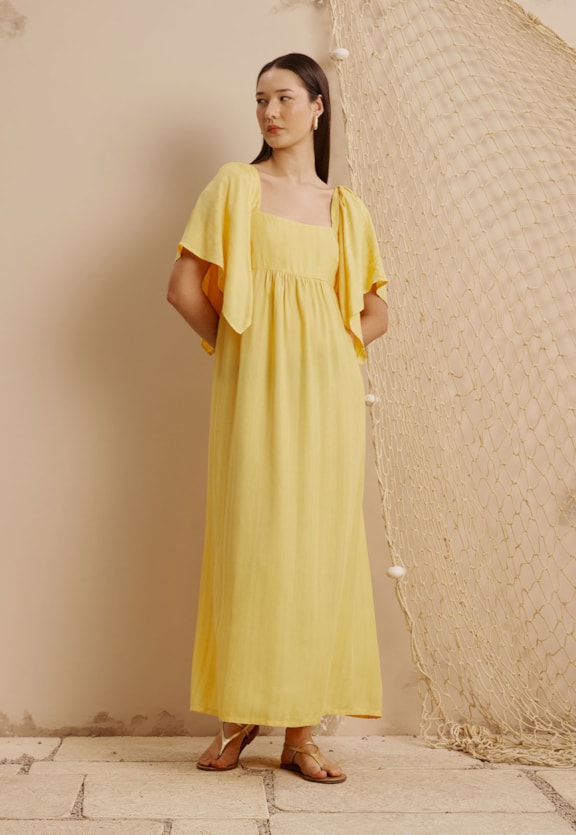 Vestido Longo Manga Lenço Liso Vista Frontal