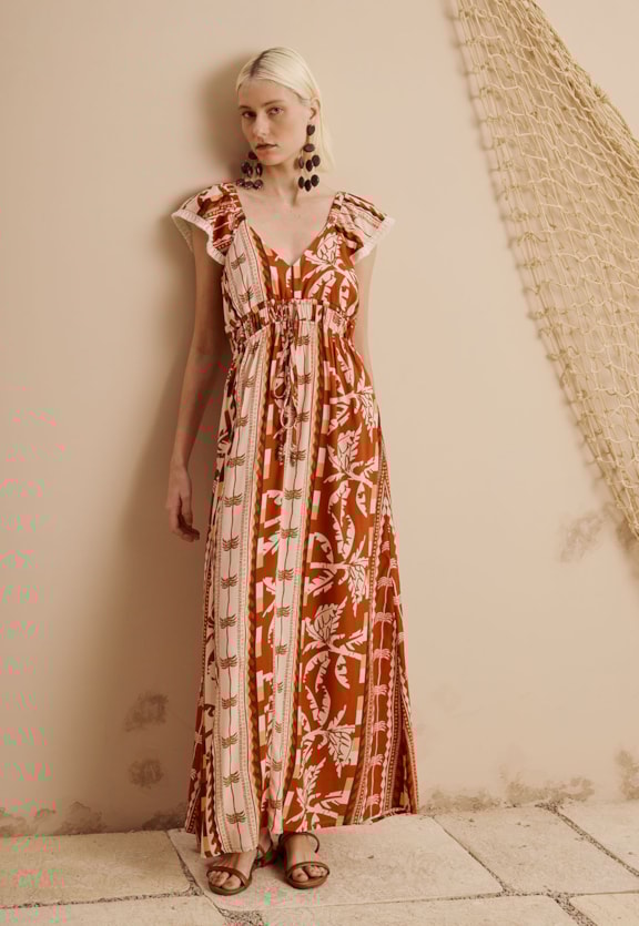 Vestido Longo Mangas Franjas Estampado Uruará Vista Frontal