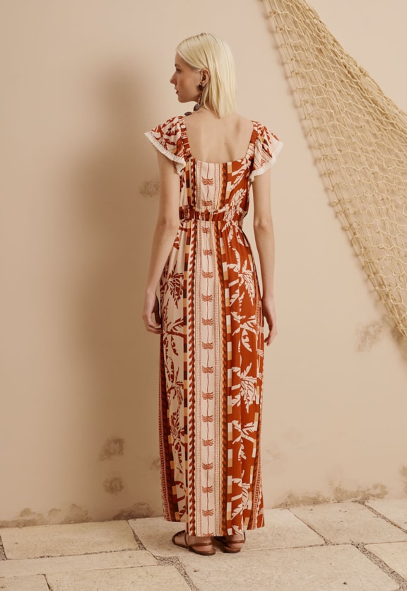 Vestido Longo Mangas Franjas Estampado Uruará Vista Traseira