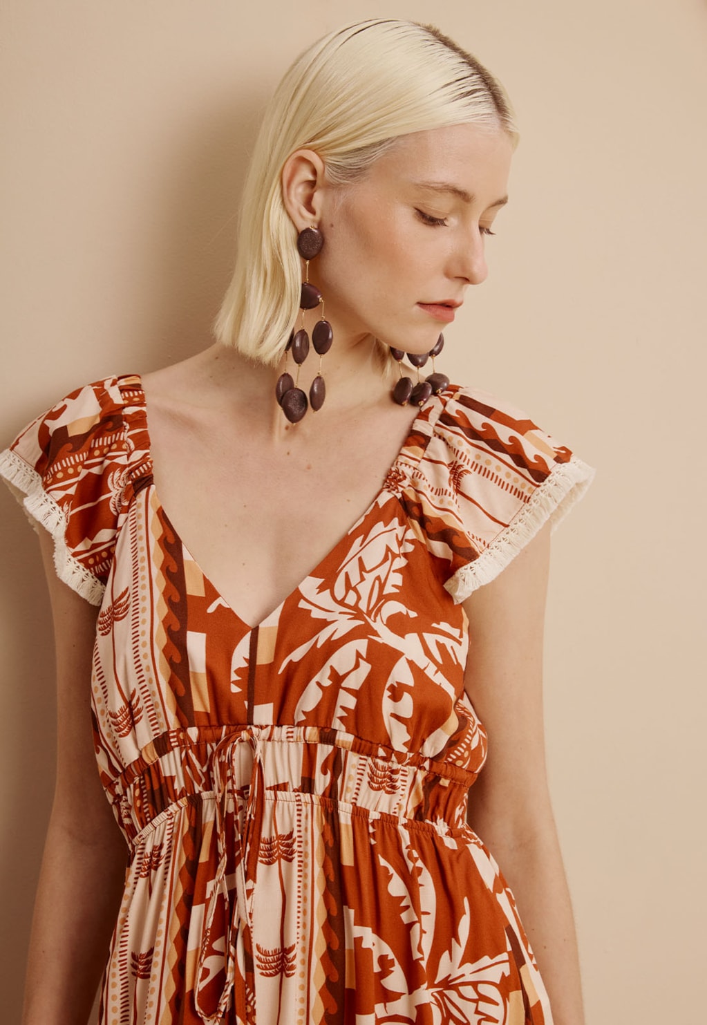 Vestido Longo Mangas Franjas Estampado Uruará