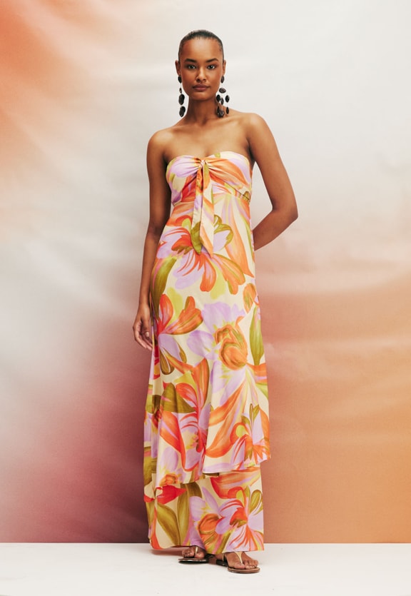 Vestido Longo Nó Busto Estampado Fulô Vista Frontal