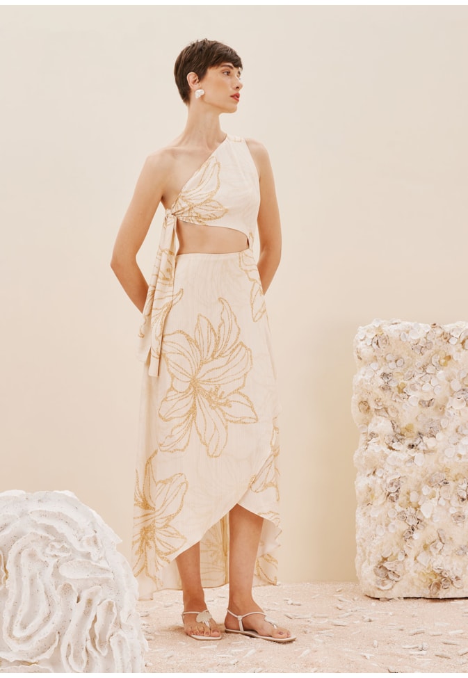 Vestido Longo Nó Lateral Estampado Flor do Sol