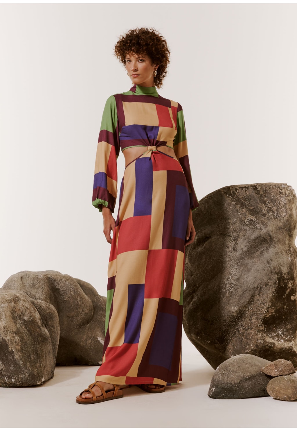 Vestido Longo Nó Vazado Estampado Chapadas