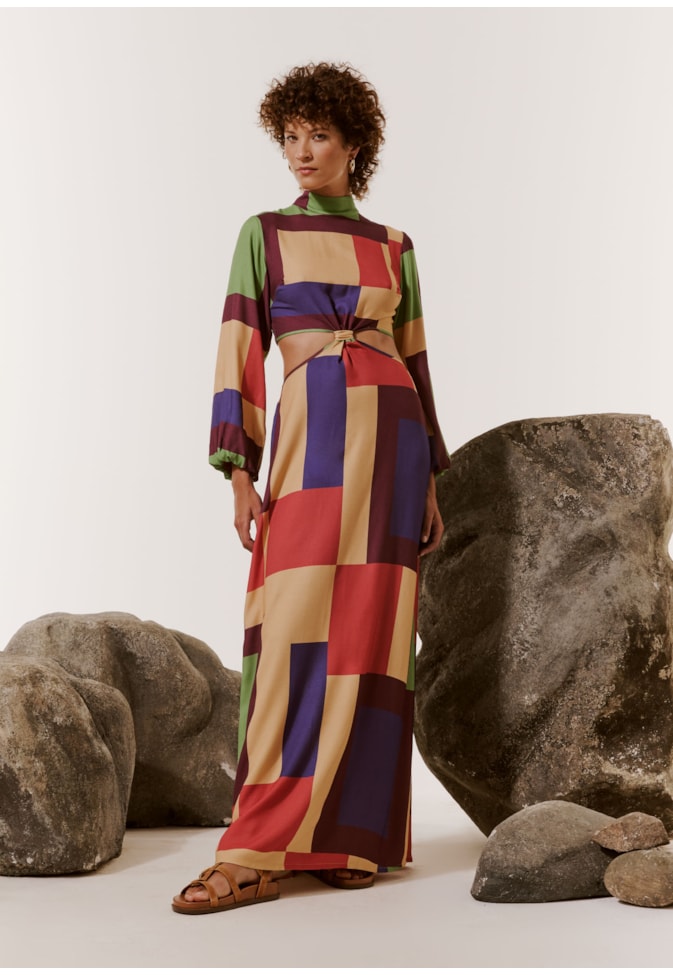 Vestido Longo Nó Vazado Estampado Chapadas