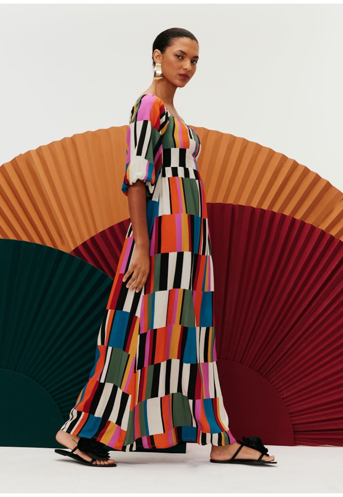 Vestido Longo Ombro a Ombro Estampado Frevo