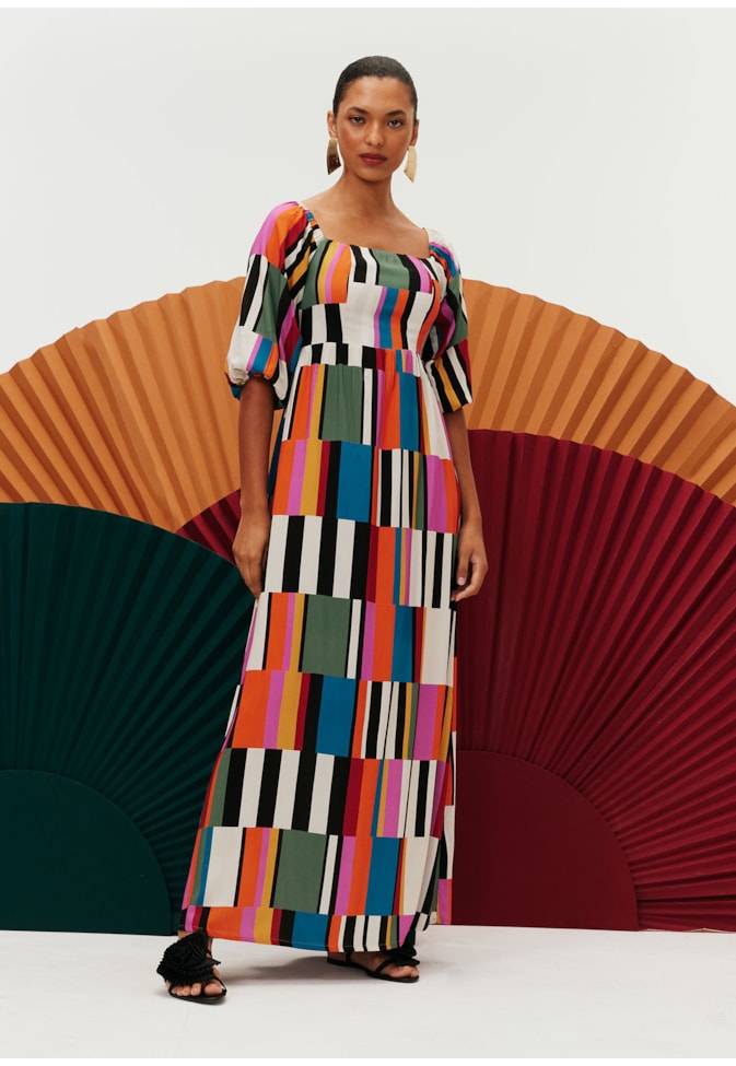 Vestido Longo Ombro a Ombro Estampado Frevo