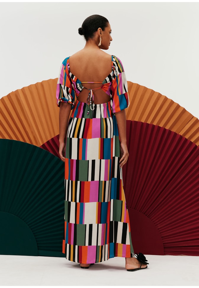 Vestido Longo Ombro a Ombro Estampado Frevo