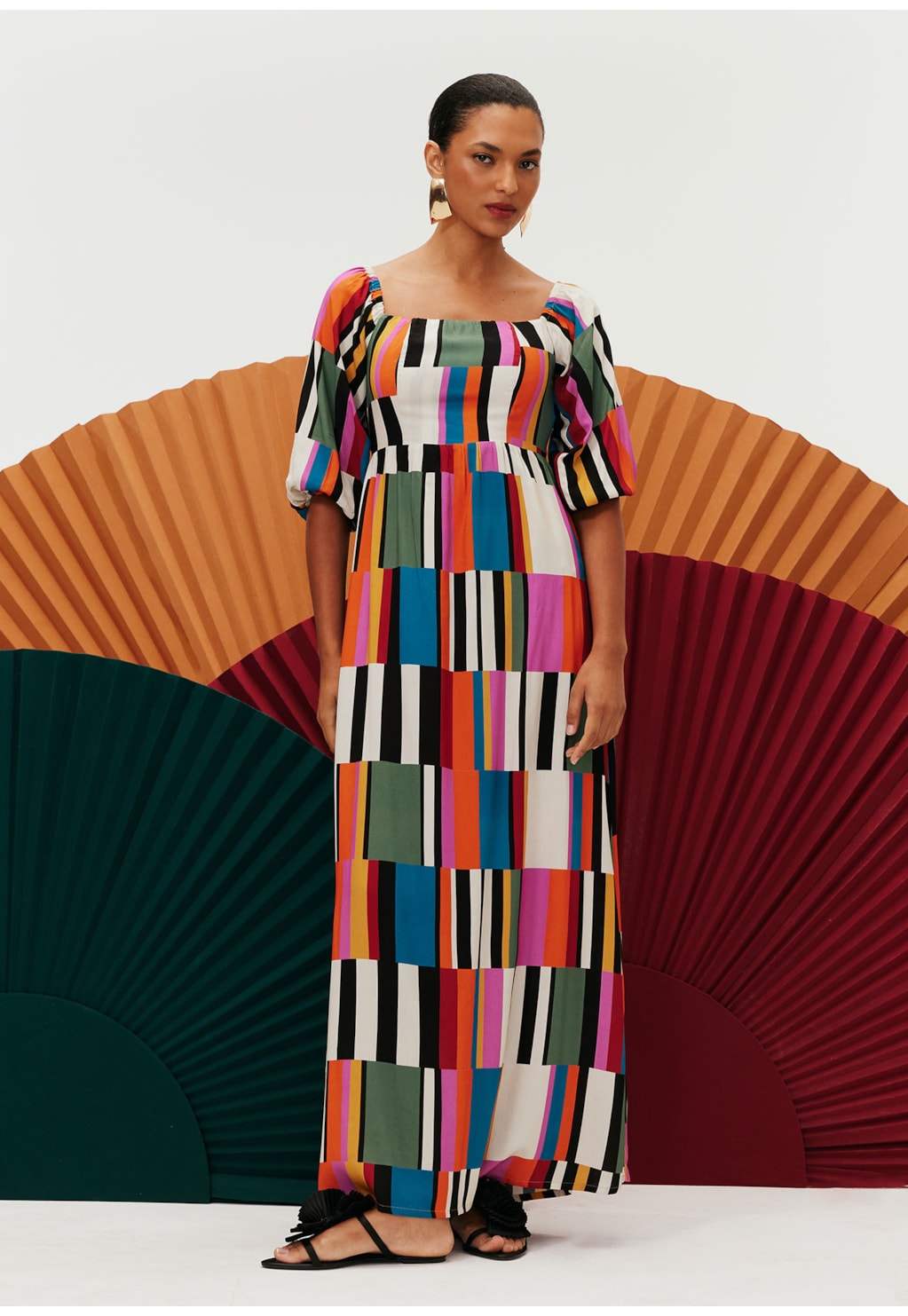 Vestido Longo Ombro a Ombro Estampado Frevo