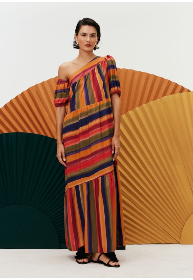 Vestido Longo Ombro Estampa Xaxado