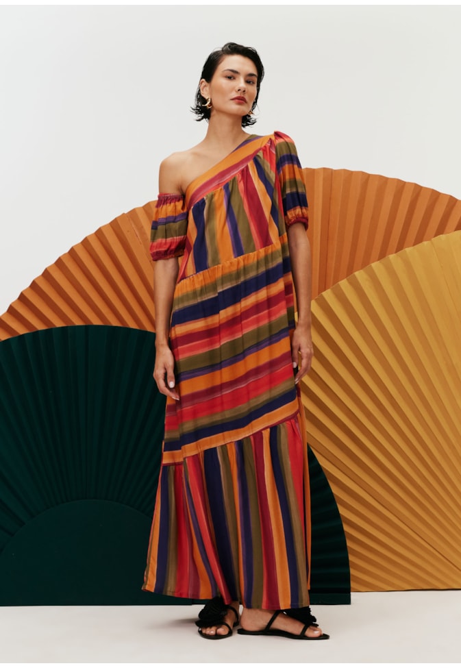 Vestido Longo Ombro Estampa Xaxado