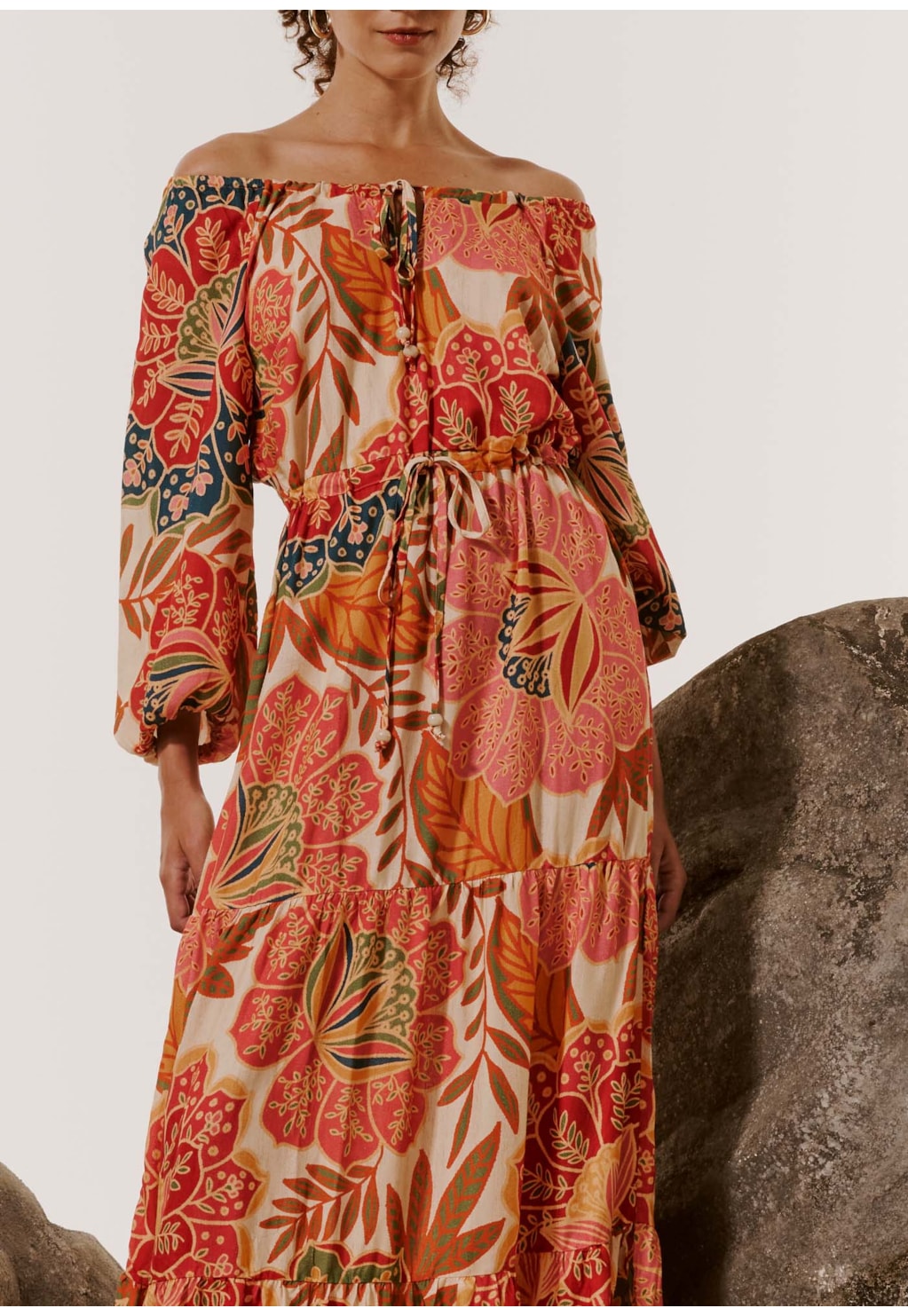 Vestido Longo Ombro Estampado Bohemia