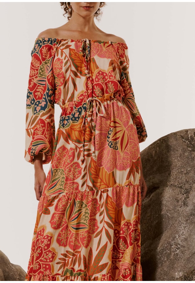 Vestido Longo Ombro Estampado Bohemia