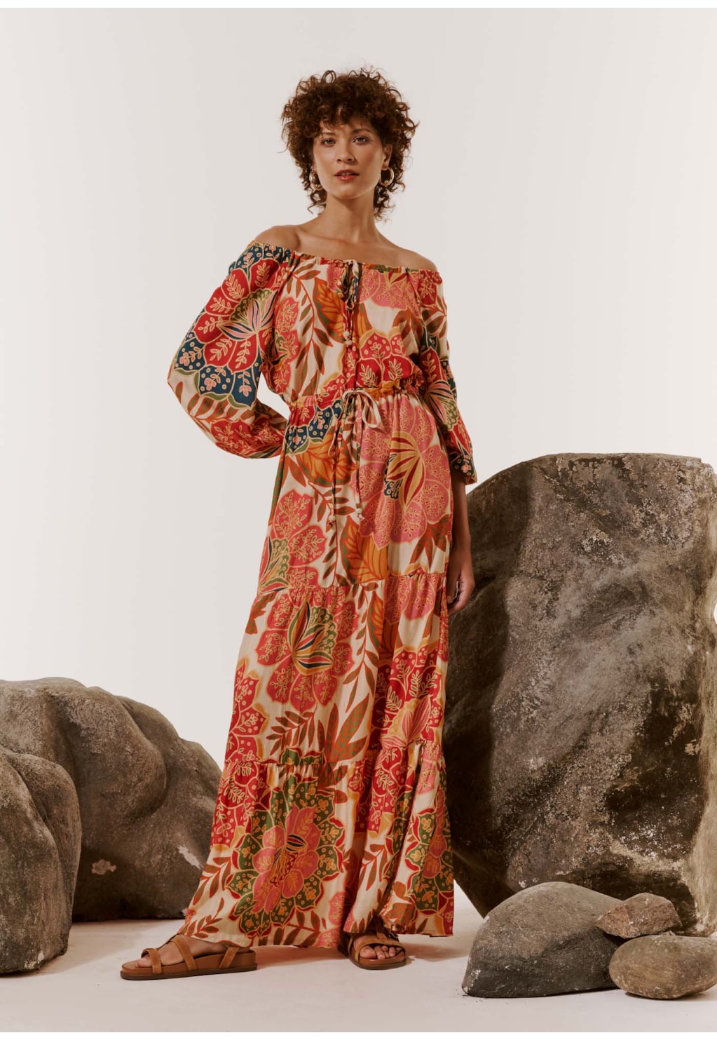 Vestido Longo Ombro Estampado Bohemia