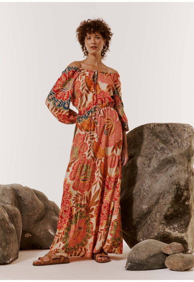 Vestido Longo Ombro Estampado Bohemia