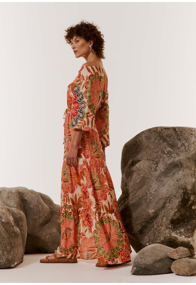 Vestido Longo Ombro Estampado Bohemia