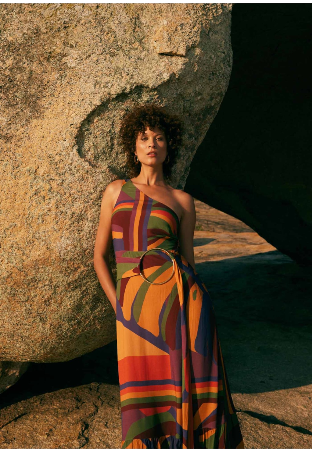 Vestido Longo Ombro Só Alça Estampado Monstera