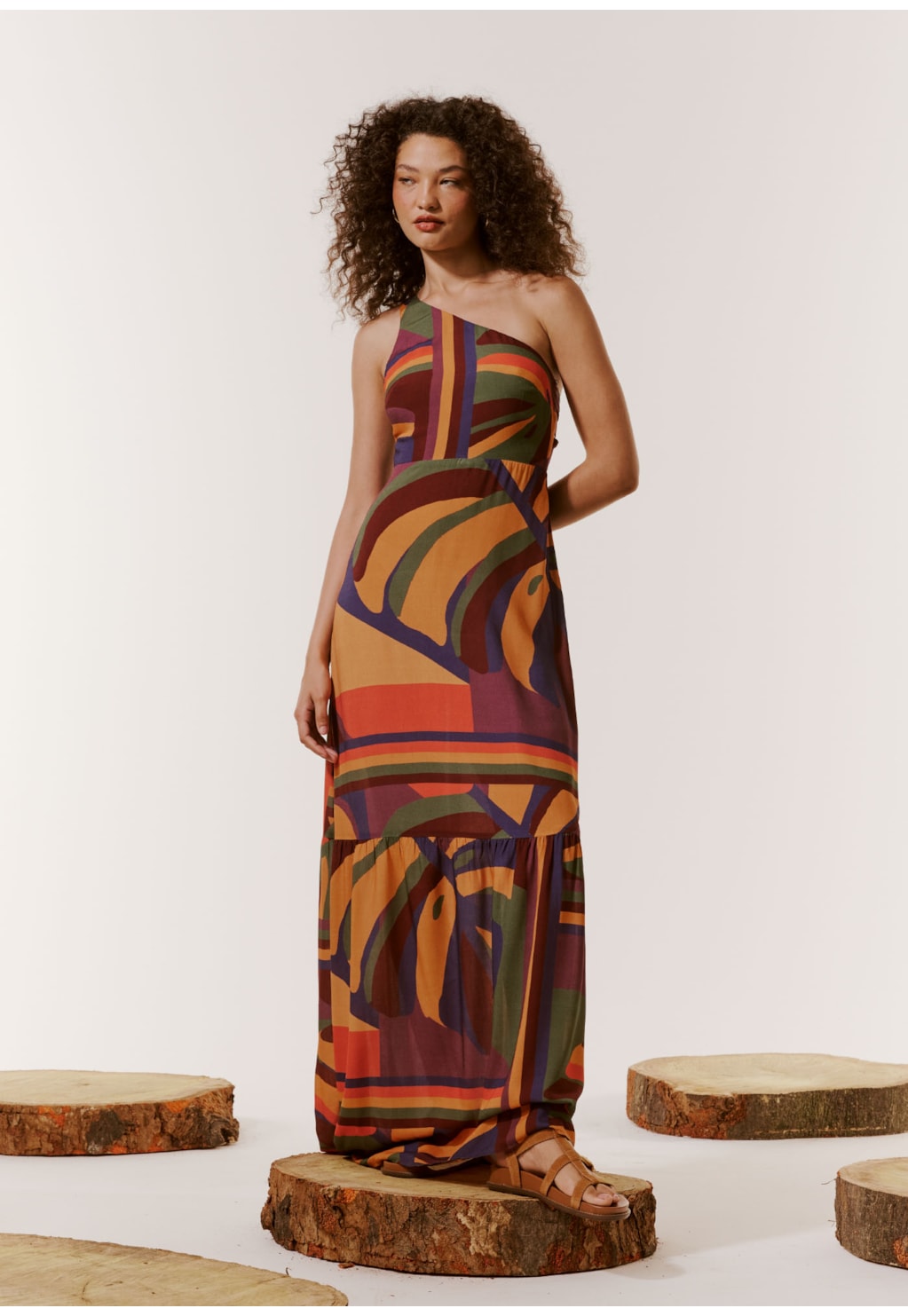 Vestido Longo Ombro Só Alça Estampado Monstera