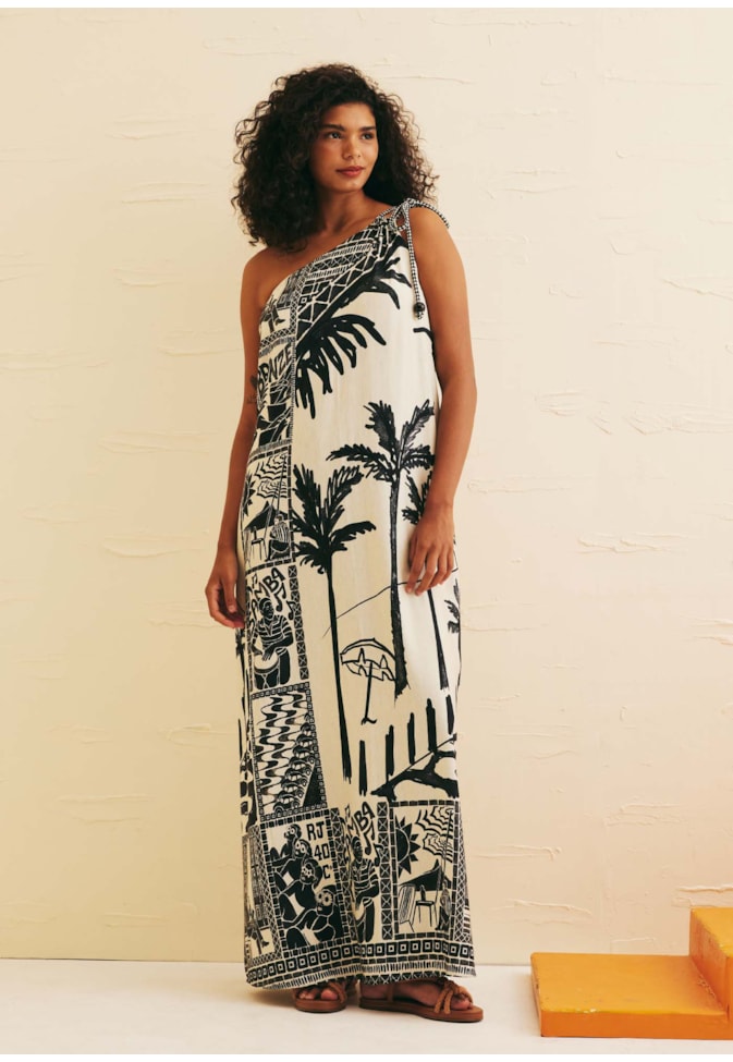 Vestido Longo Ombro Só Corda Estampado Rio