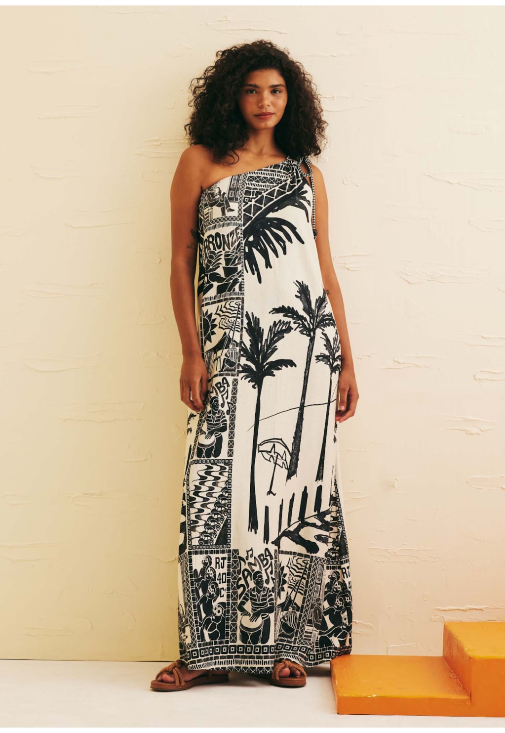 Vestido Longo Ombro Só Corda Estampado Rio