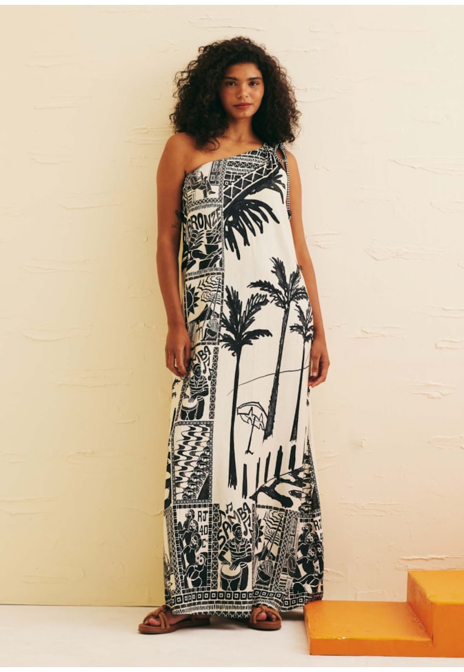 Vestido Longo Ombro Só Corda Estampado Rio
