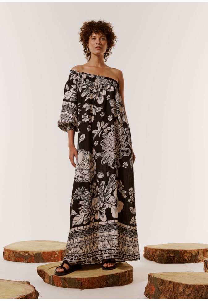 Vestido Longo Ombro Só Estampado Lastex Pradaria